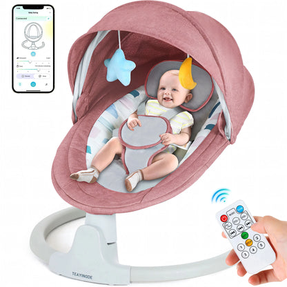 Baby Swing for Infants - APP Remote Bluetooth Control, 5 Speed Settings, 10 Lullabies, USB Plug (Pink)