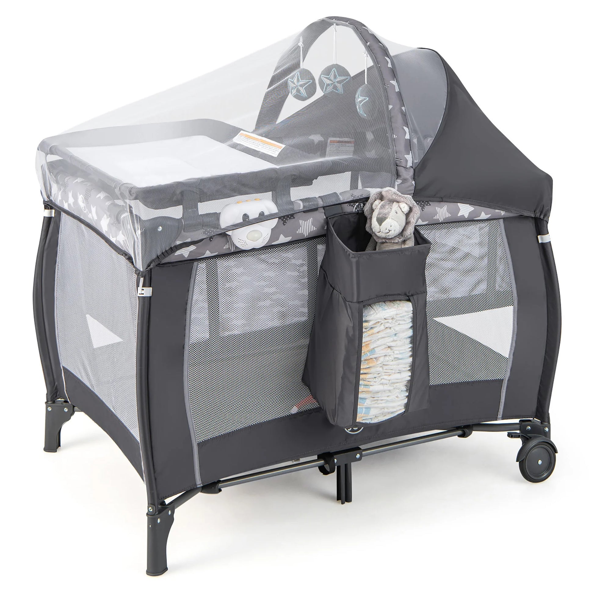 4-In-1 Portable Baby Playard Nursery Center Bassinet W/ Music Box Canopy & Net