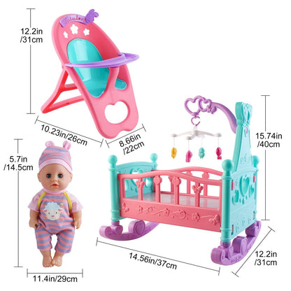 Deao 12” Baby Doll Play Set with Crib, Mobile, High Chair Feeding Accessor