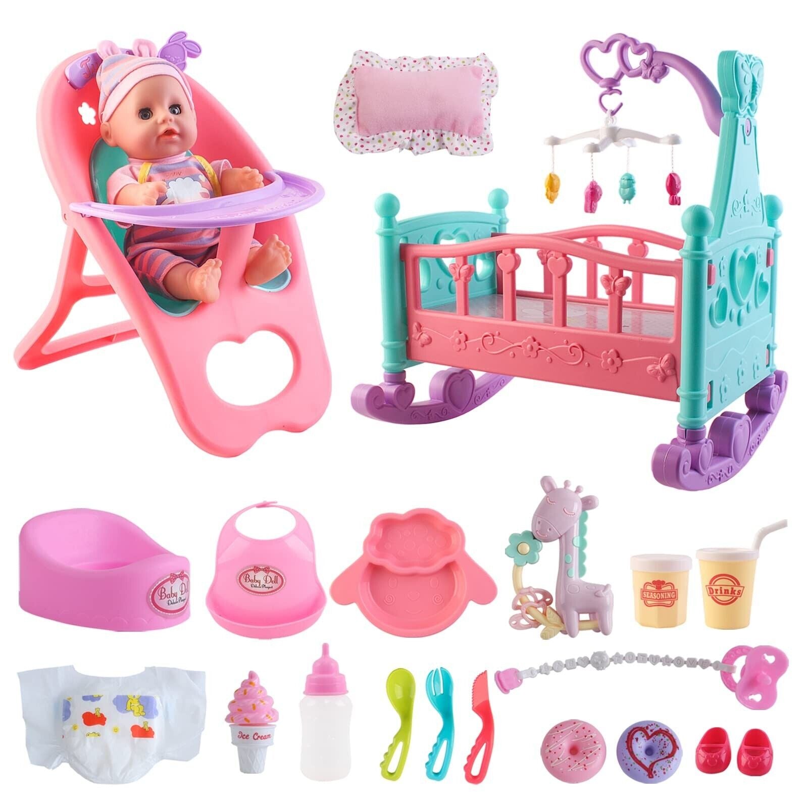 Deao 12” Baby Doll Play Set with Crib, Mobile, High Chair Feeding Accessor