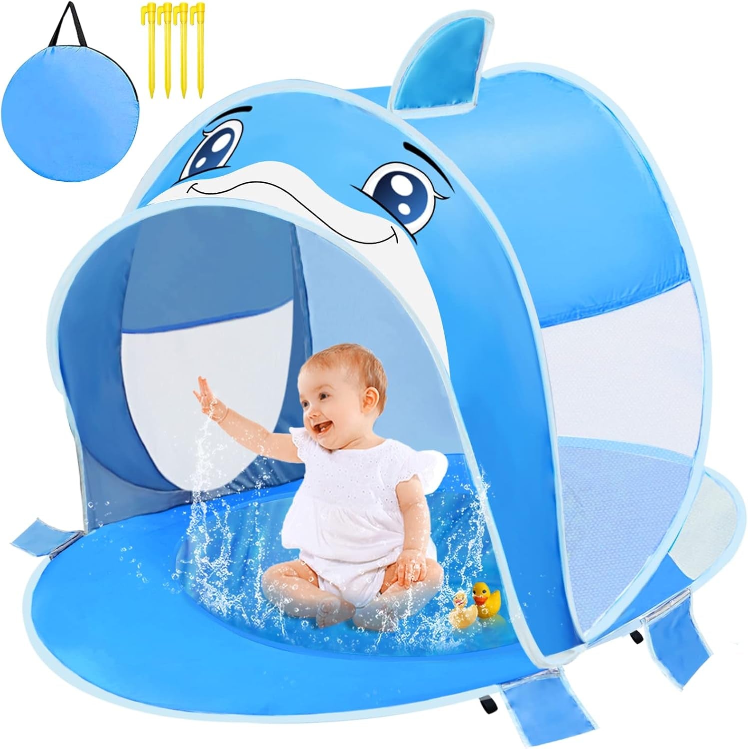 Dolphin Baby Beach Tent with Pool, UPF 50+ UV Protection Pop up Portable Sun Shade Beach Tent with Sand Pocket, Waterproof Outdoor Sun Shelter for Baby Toddler Age 6-36 Months Baby Essentials