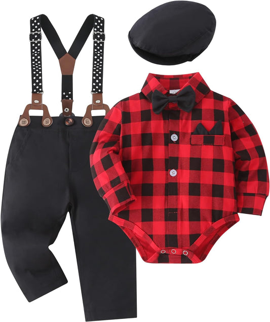 Baby Boy Clothes Set Infant Tuxedo Long Sleeve Gentleman Suit Outfits + Beret Hat + Suspender Pants + Bowtie 0-18M