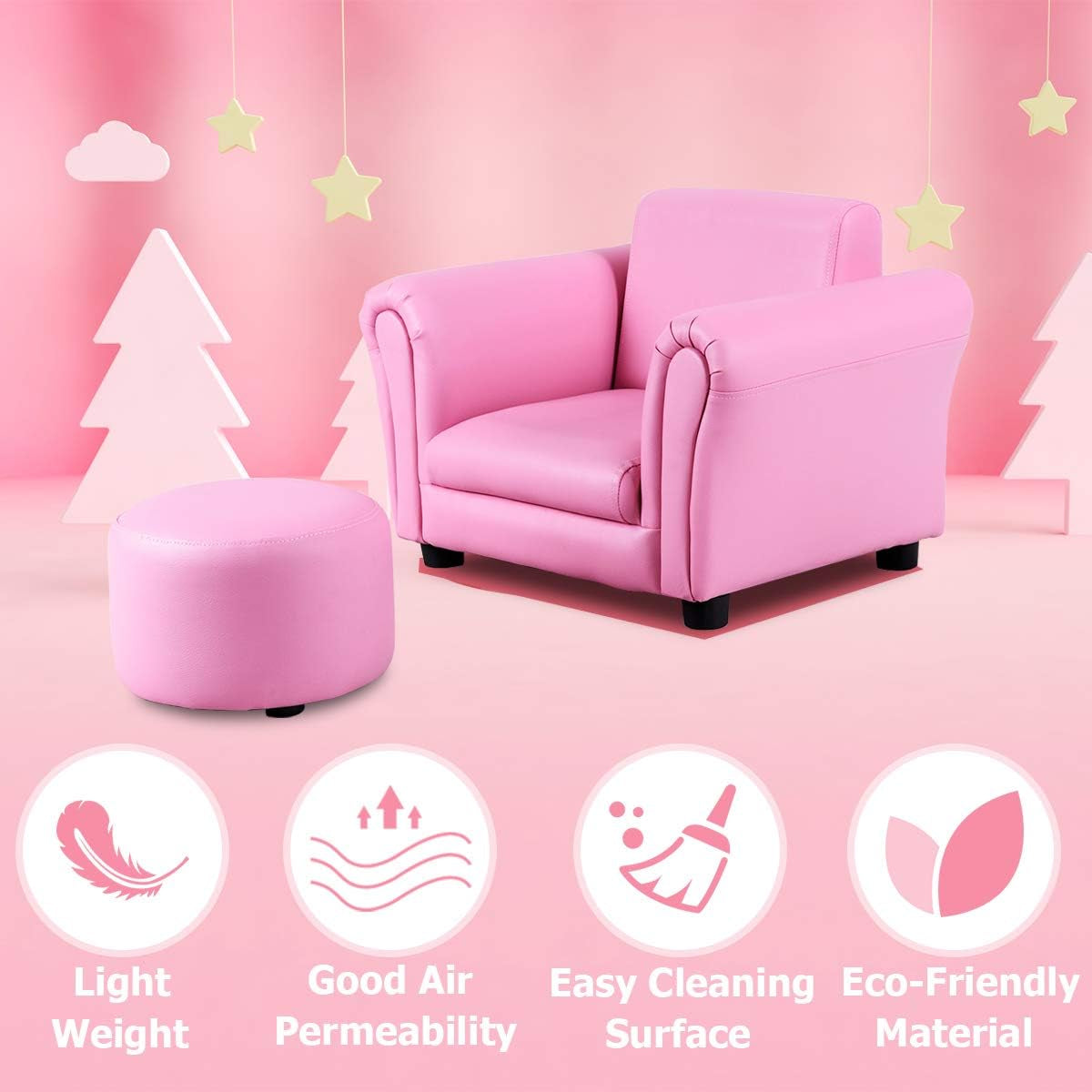 Kids Couch with Ottoman, Child Size Sofa with Roundy Footstool, PU Leather, Anti-Slip Pad, Mini Toddler Toy Story Chair for Playroom Furniture (Pink)