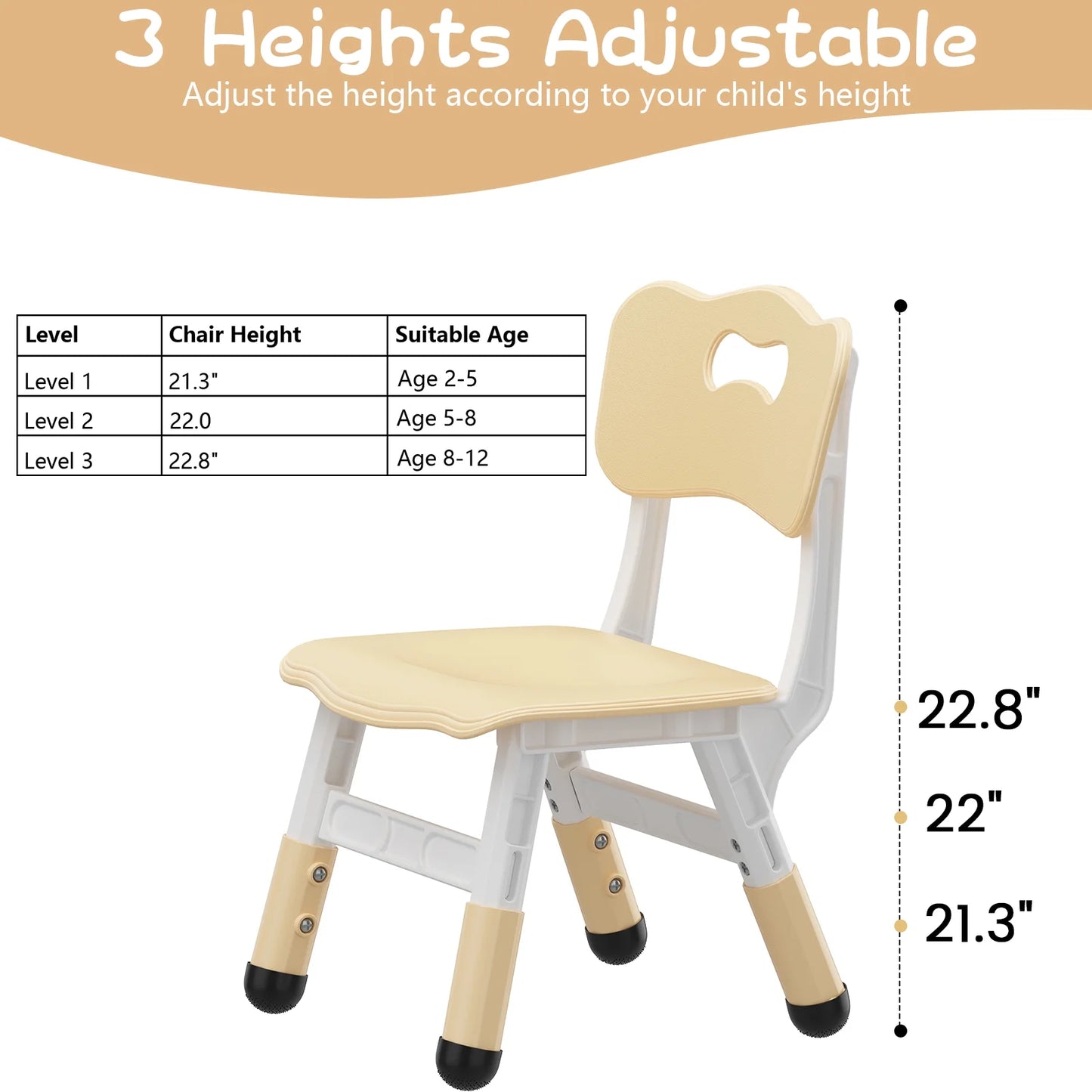 Kids Chair, 3 Level Height Adjustable Kid Chair, Plastic Toddler Chairs for Children Boys Girls Age 2-6, Suitable for Home Family Classroom Nursery Indoor Use