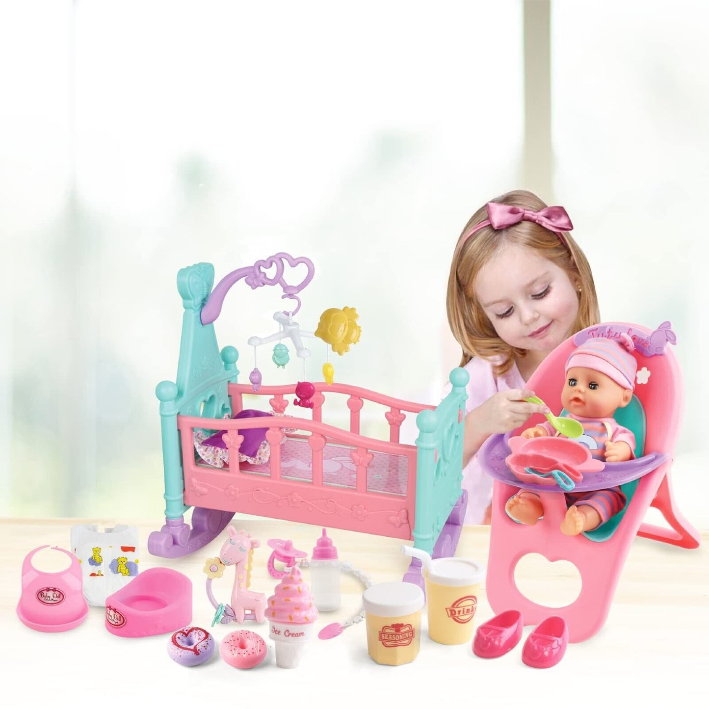 Deao 12” Baby Doll Play Set with Crib, Mobile, High Chair Feeding Accessor