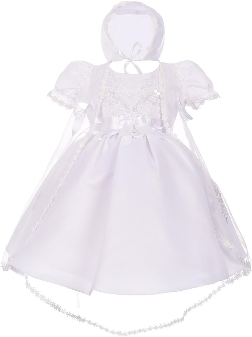 Infant Baby Girls' Christening Gown Baptism Clothing White Satin Dress with Cape and Bonnet Size 0 to 12 Months