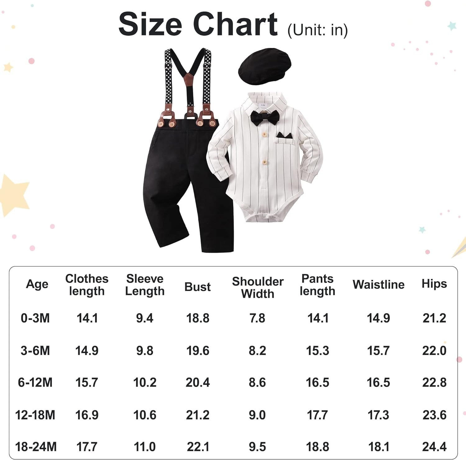 Baby Boy Clothes Set Infant Tuxedo Long Sleeve Gentleman Suit Outfits + Beret Hat + Suspender Pants + Bowtie 0-18M